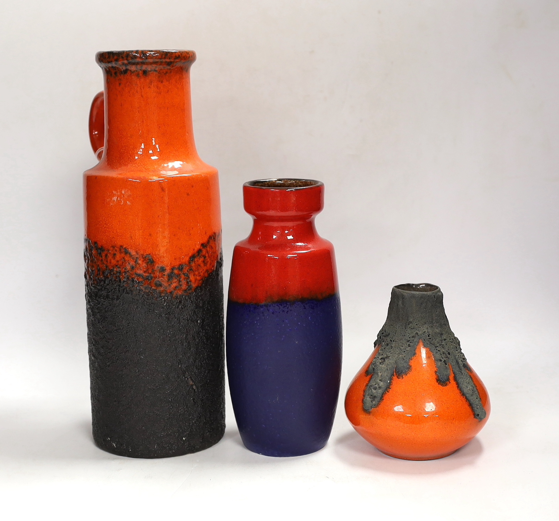 Three West German pottery items including a Scheurich vase and a Roth Keramik volcanic lava glaze, tallest 28cm